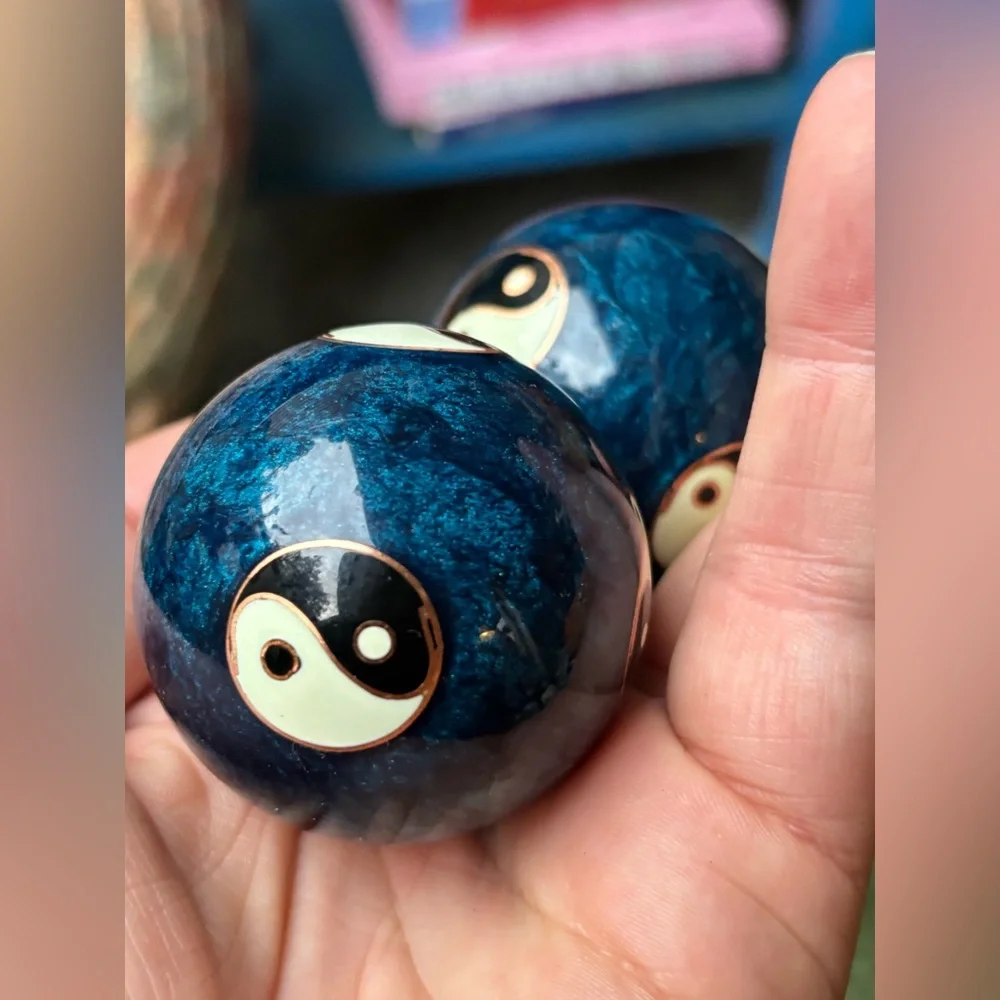 VINTAGE Cloisonné Yin-Yang Baoding Balls • Deep Blue Enamel • Meditation Chime - Picture 4 of 11